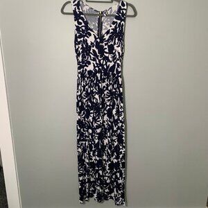 Milly‎ blue white floral v-neck zipper detail stretch jersey knit midi dress